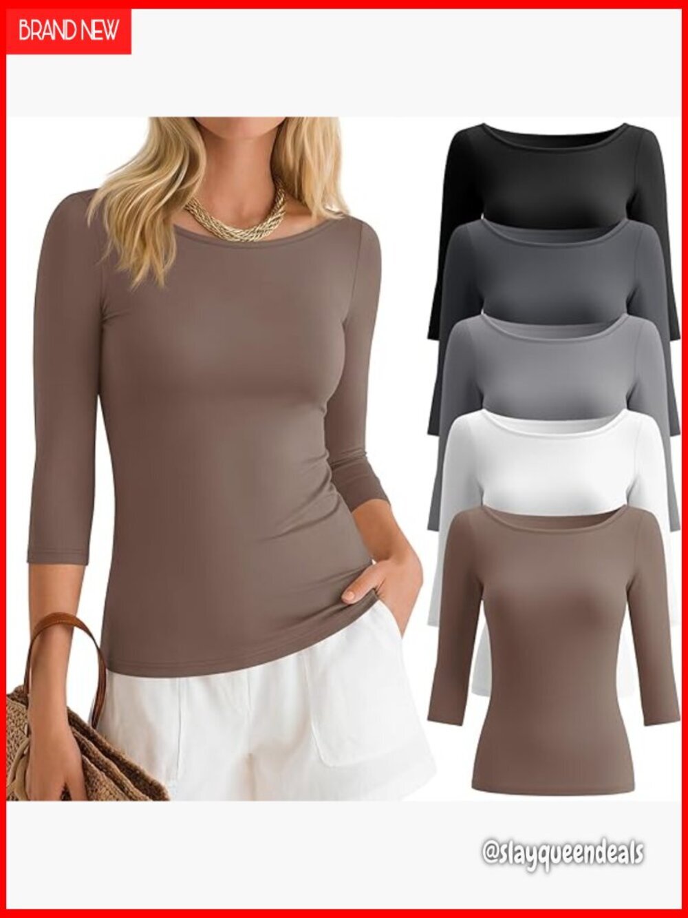 5 Pack Slim Fit 3/4 Sleeve Boat Neck Tees Women's Casual Tops